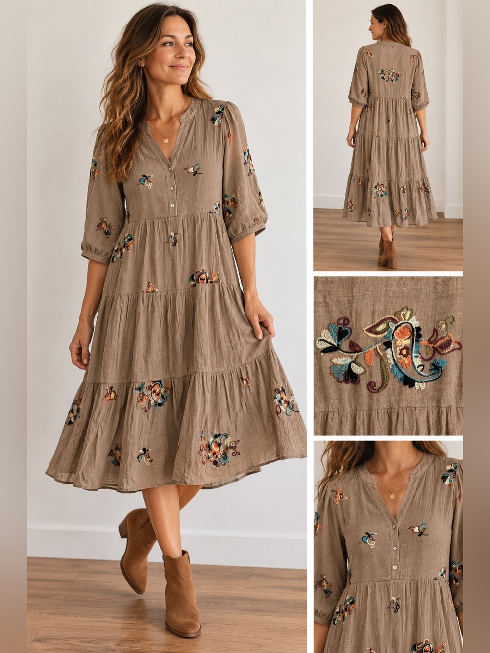 Anthropologie Figueroa & Flower Tan Embroidered Tiered Midi Dress, Fall